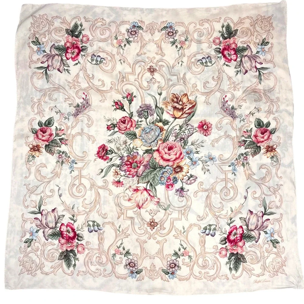 Ralph Lauren Scarf Silk Floral Filigree Beige Cream Cottagecore Romantic Elegant